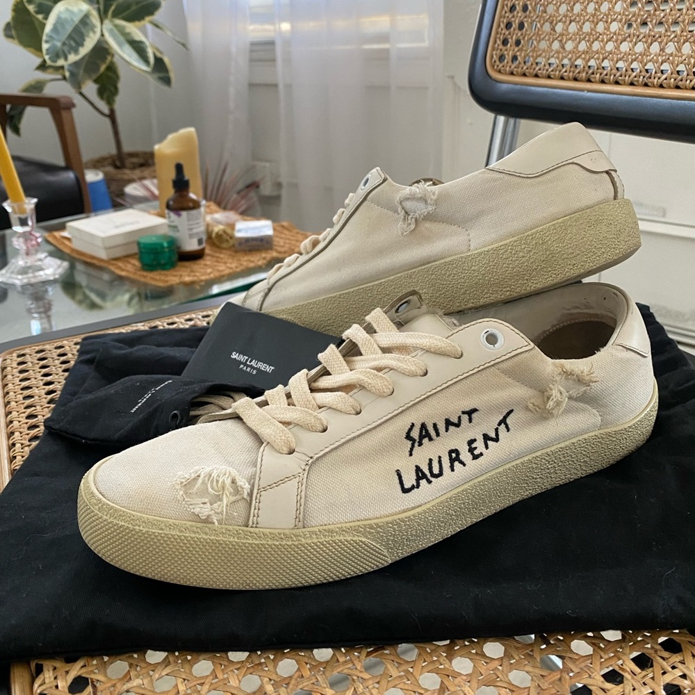 Saint Laurent off-white Worn-Look Court Classic leather trim sneakers